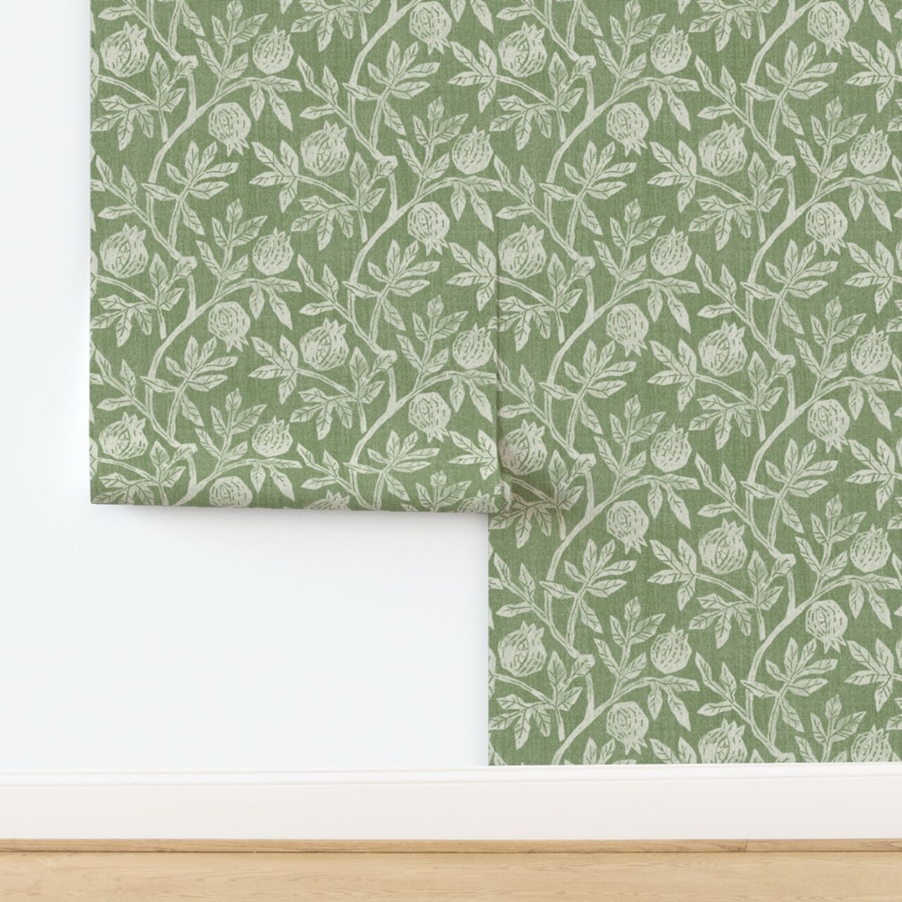 Branches Modern Victorian Folk Art White Light Green Block Print Custom Removable Wallpaper by Spoonflower Peel & Stick Wallpaper 2FT Wide